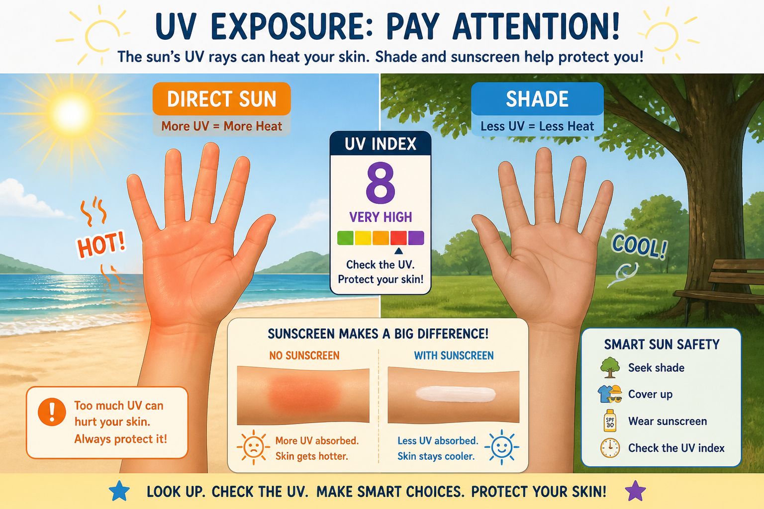 Split scene showing direct sun versus shade with a UV meter