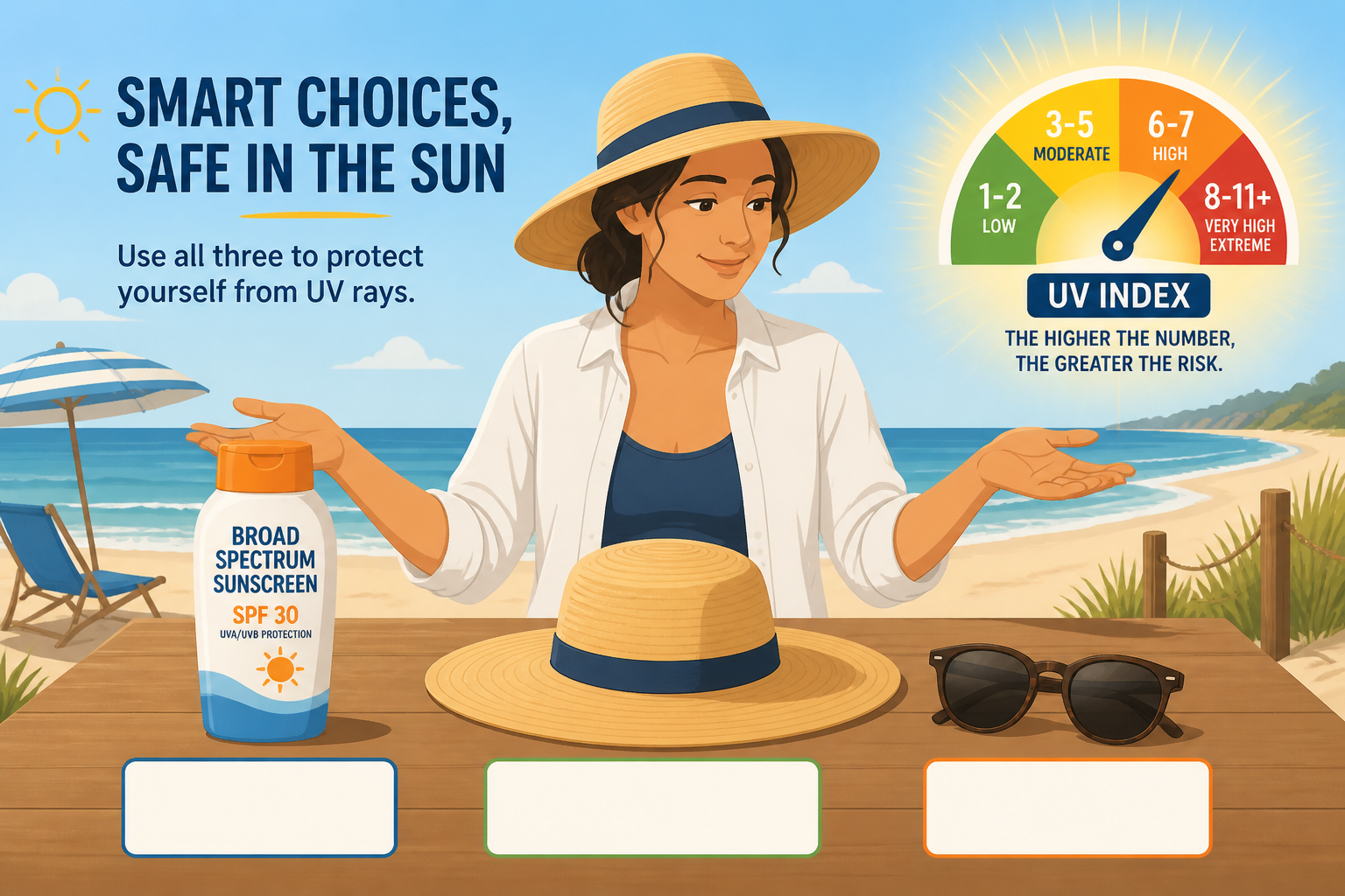 Sun safety items with a UV index gauge